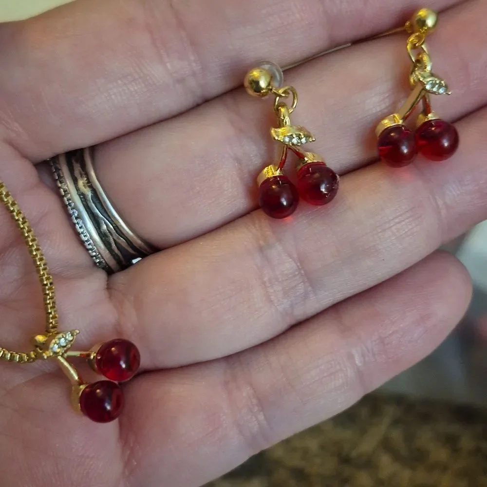 Gold Cherry Pendant Cable Necklace and Earrings Set In Gold Tone